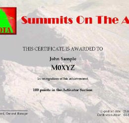 Summit on the Air Ham Radio Certificate award