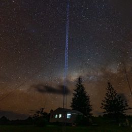 large ham radio antenna station at night