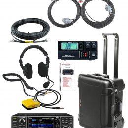 ham radio kit with case, wire antenna, and Icom radio