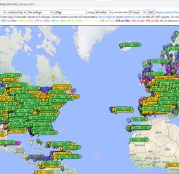 coverage map from FT8 ham radio software