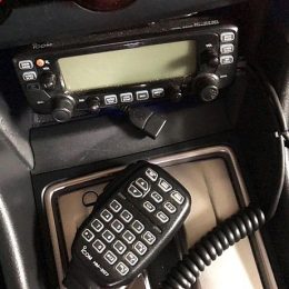 mobile ham radio in the console of a car