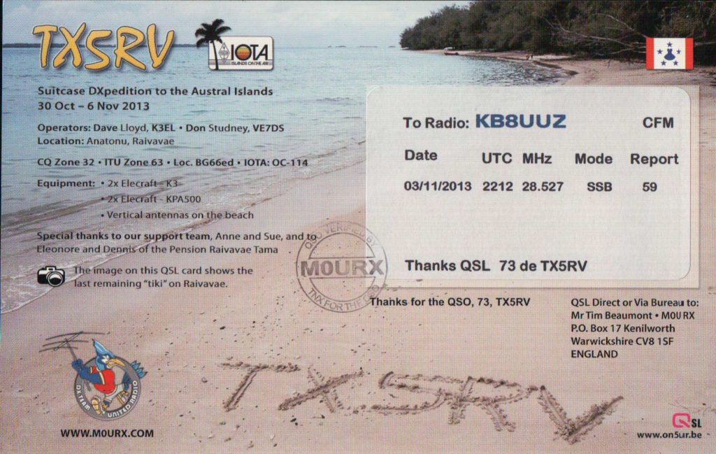 Austral Islands QSL Card, TX5RV