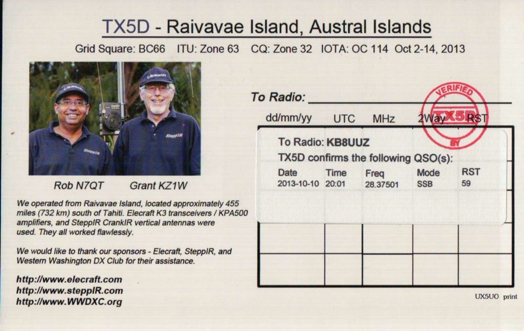 Austral Islands QSL Card, TX5D