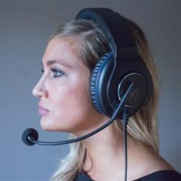 woman wearing a headset microphone