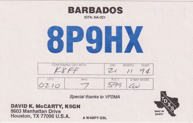 Barbados QSL Card photo