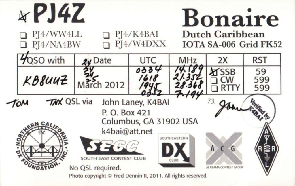 Bonaire QSL Card from 2012