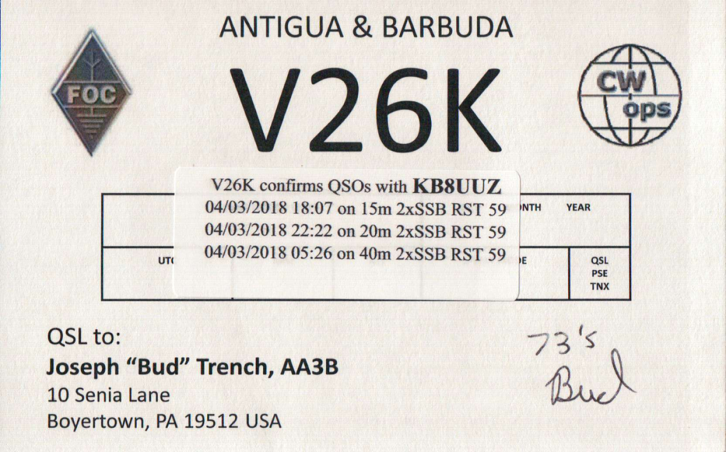 Antigua & Barbuda QSL Card V26K