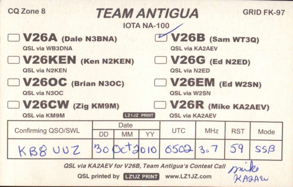 Antigua & Barbuda QSL Card with V26B checkbox