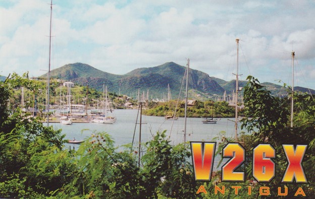 Antigua & Barbuda QSL Card harbor scene