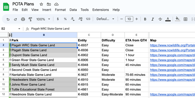 Spreadsheet with upcoming POTA events