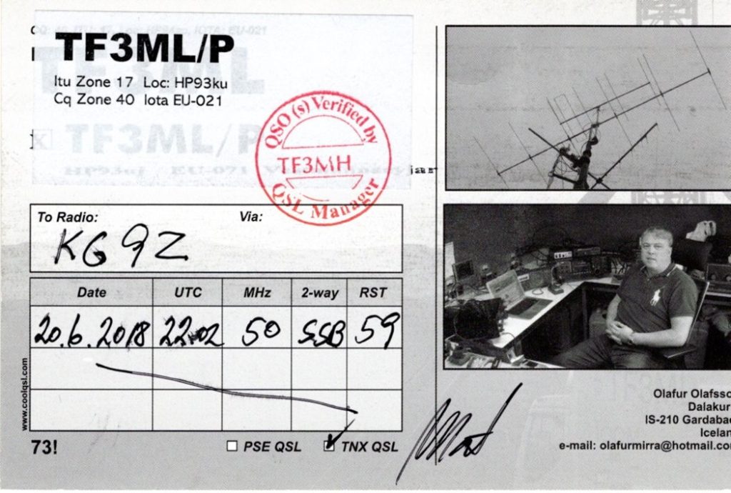 Iceland QSL Card, TF3ML/P for KG9Z