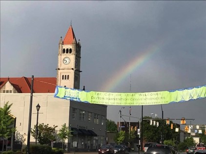 Dayton Hamvention street banner with rainbow in background