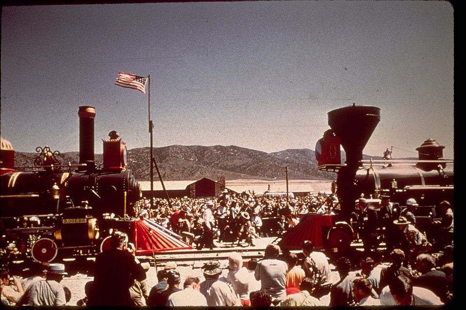 old photo of the reenactment of union meets the pacific railroad