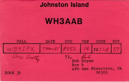 WH3AAB Johnston Island QSL Card