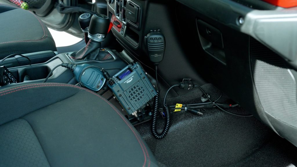 an assortment of radio mics mounted in a vehicle