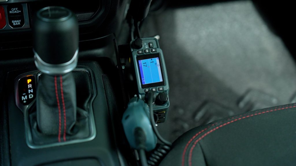 GMRS Radio Mounted onto Jeep center console
