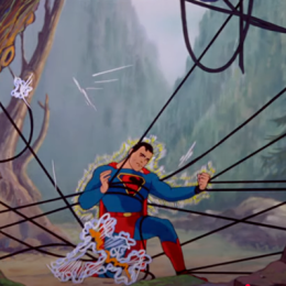 vintage video still of superman pulling cables