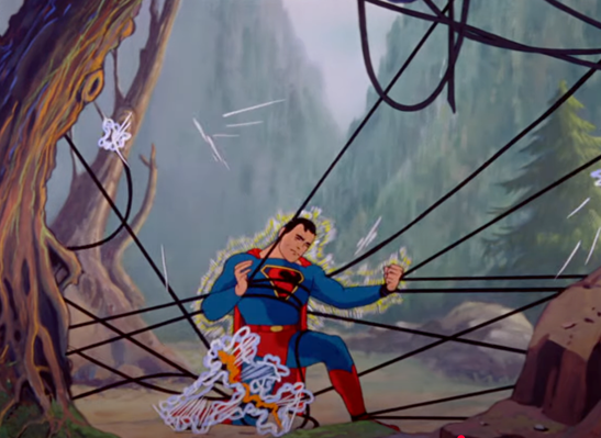 vintage video still of superman pulling cables