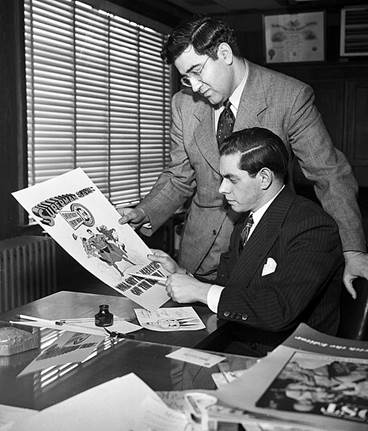 vintage black and white photo of Superman creators