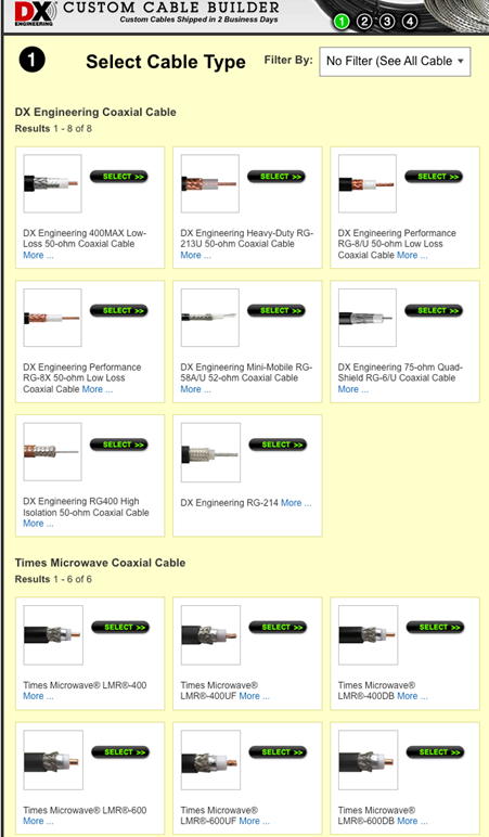 DXE Custom Cable Builder Screenshot Selection Screen