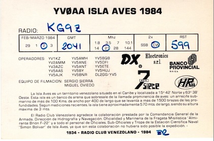 YV0AA Aves Island Ham Radio QSL Card, back