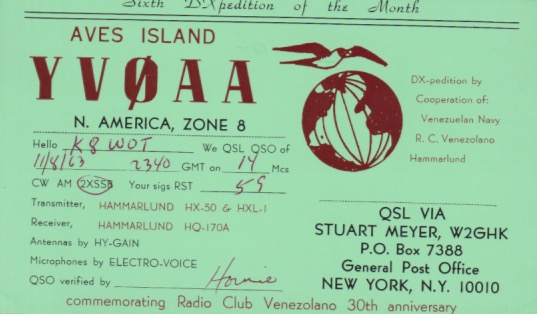 YV0AA Ham Radio QSL Card from Aves Island