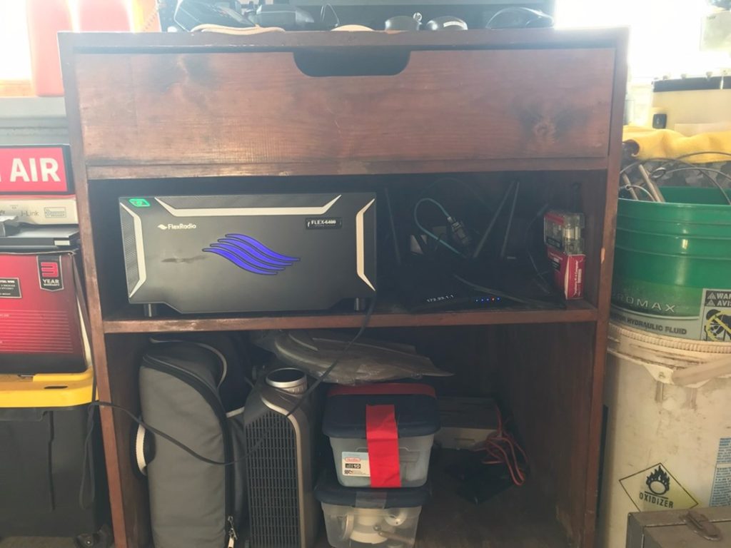 ham radio equipment stored in a cabinet