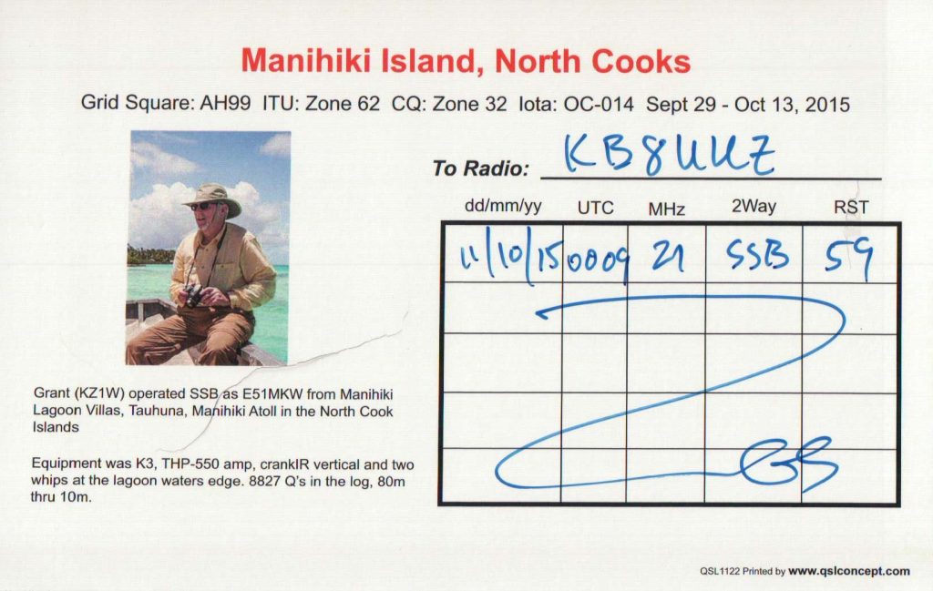 Ham Radio QSL Card from Manihiki Island, Rear
