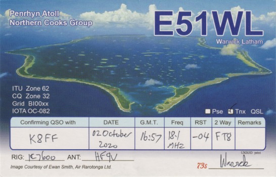 E51WL Ham Radio QSL Card from North Cook Islands