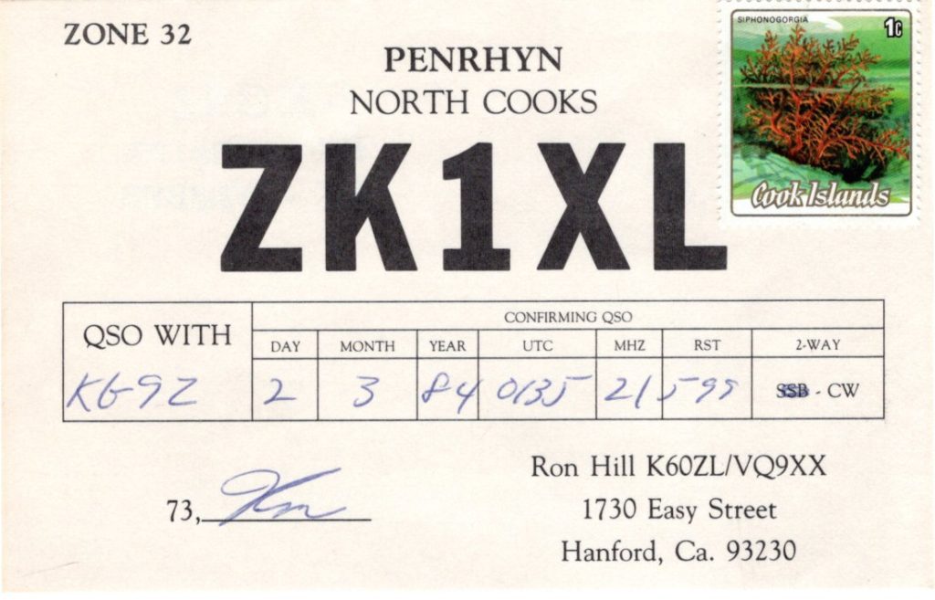 ZK1XL Ham Radio QSL Card from North Cook Islands