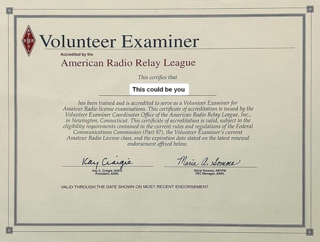 ARRL VE Certificate