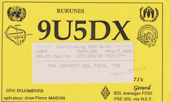 9U5DX Ham Radio QSL Card from Burundi