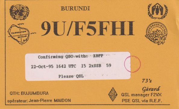 9U/F5FHI Ham Radio QSL Card from Burundi