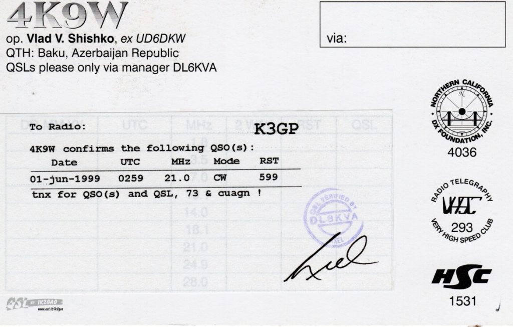 4K9W Ham Radio QSL Card from Azerbaijan, back