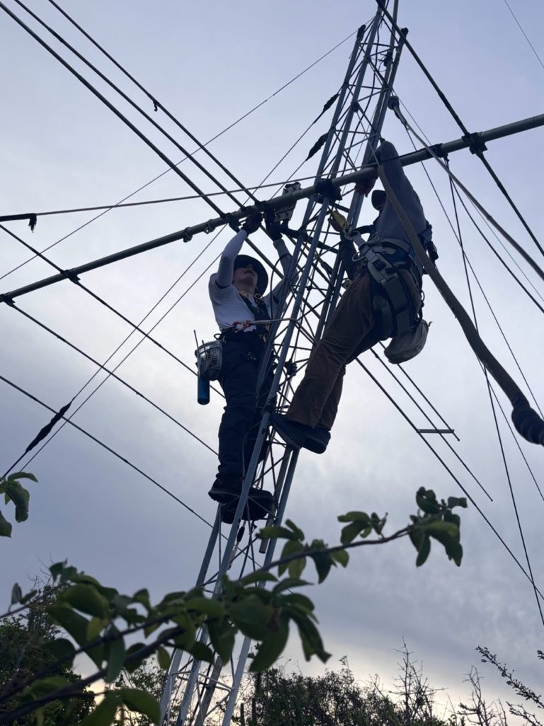 ham radio operators on an antenna tower
