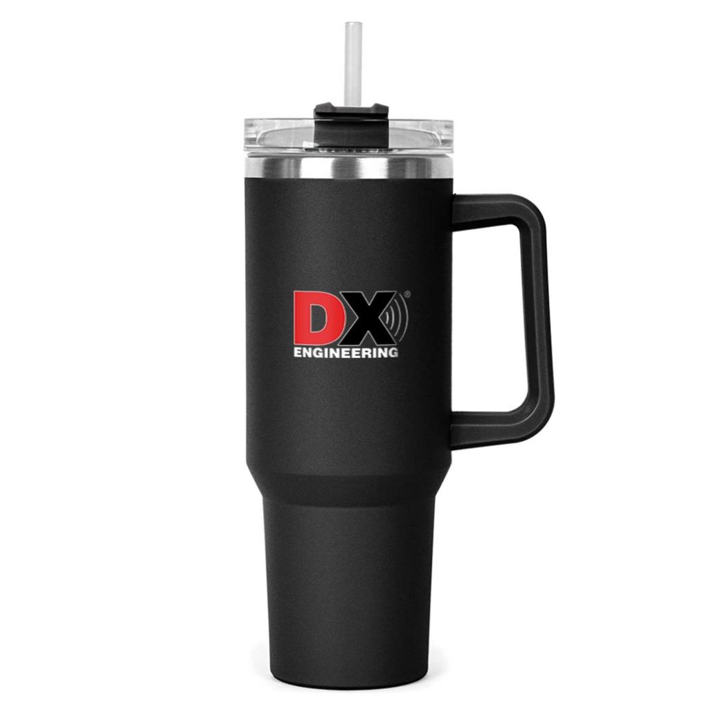 large black DX Engineering drink mug