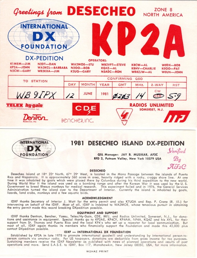 KP2A Ham Radio QSL Card from Desecheo Island